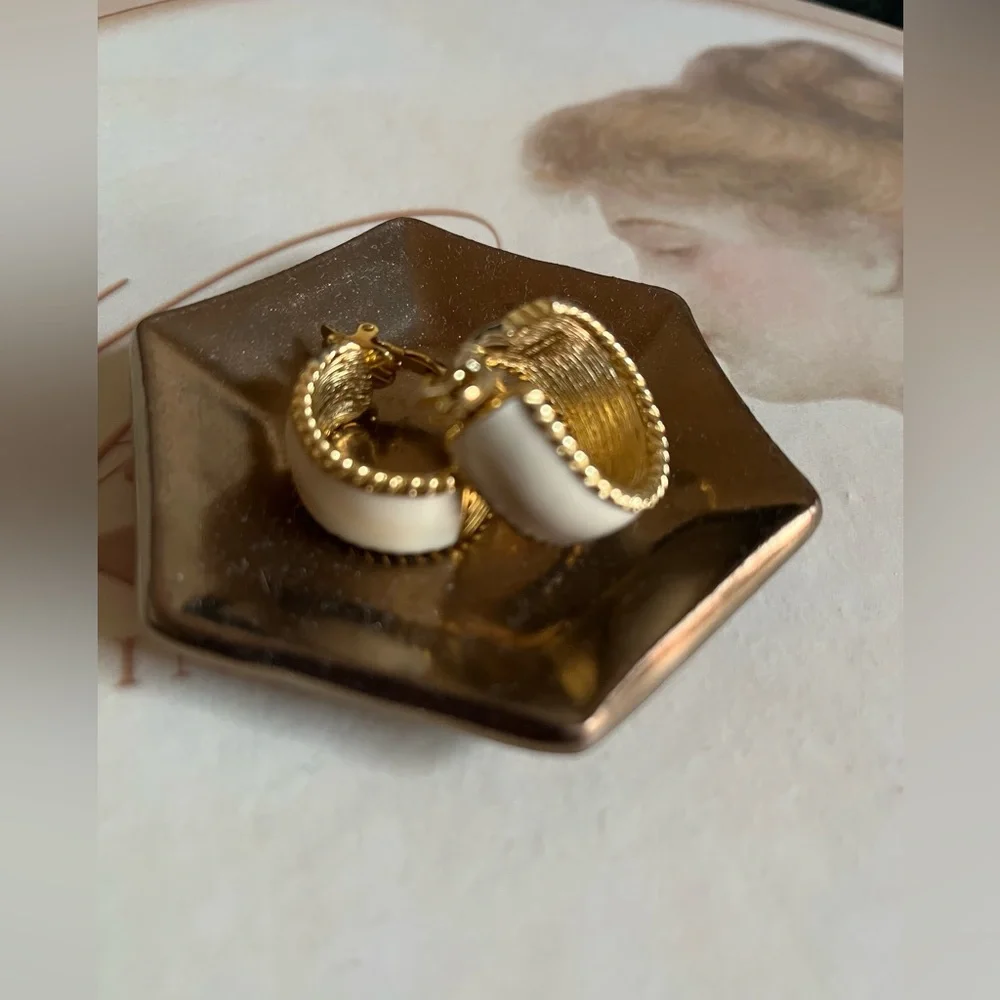 Trifari Gold and Cream Hoop Earrings - Picture 6 of 6